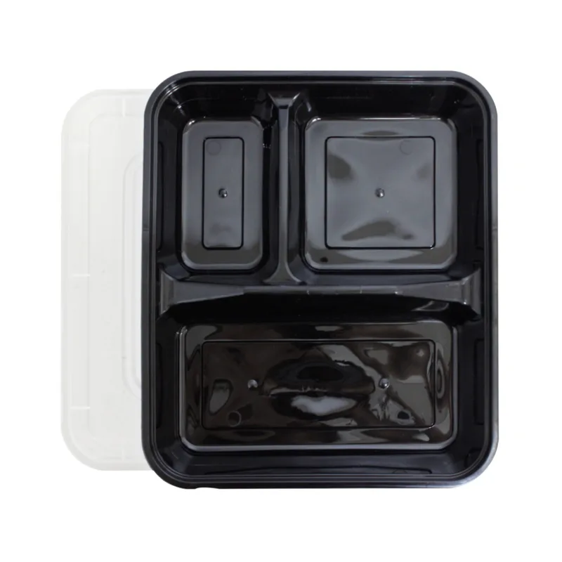 3 Compartment Black Rectangular Lunch Box